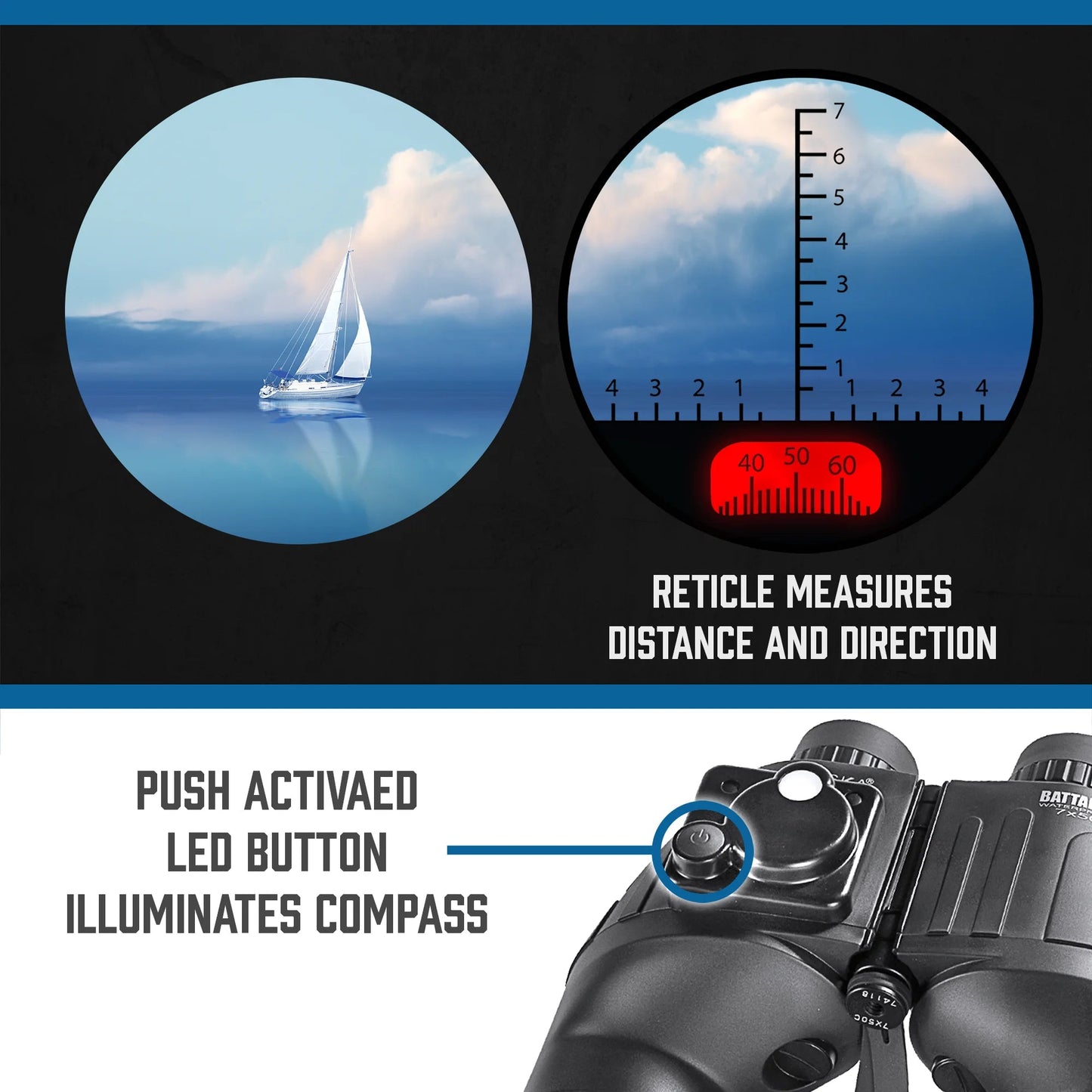 7x50mm WP Battalion Range Finding Reticle w/ Compass Binoculars | AB10510