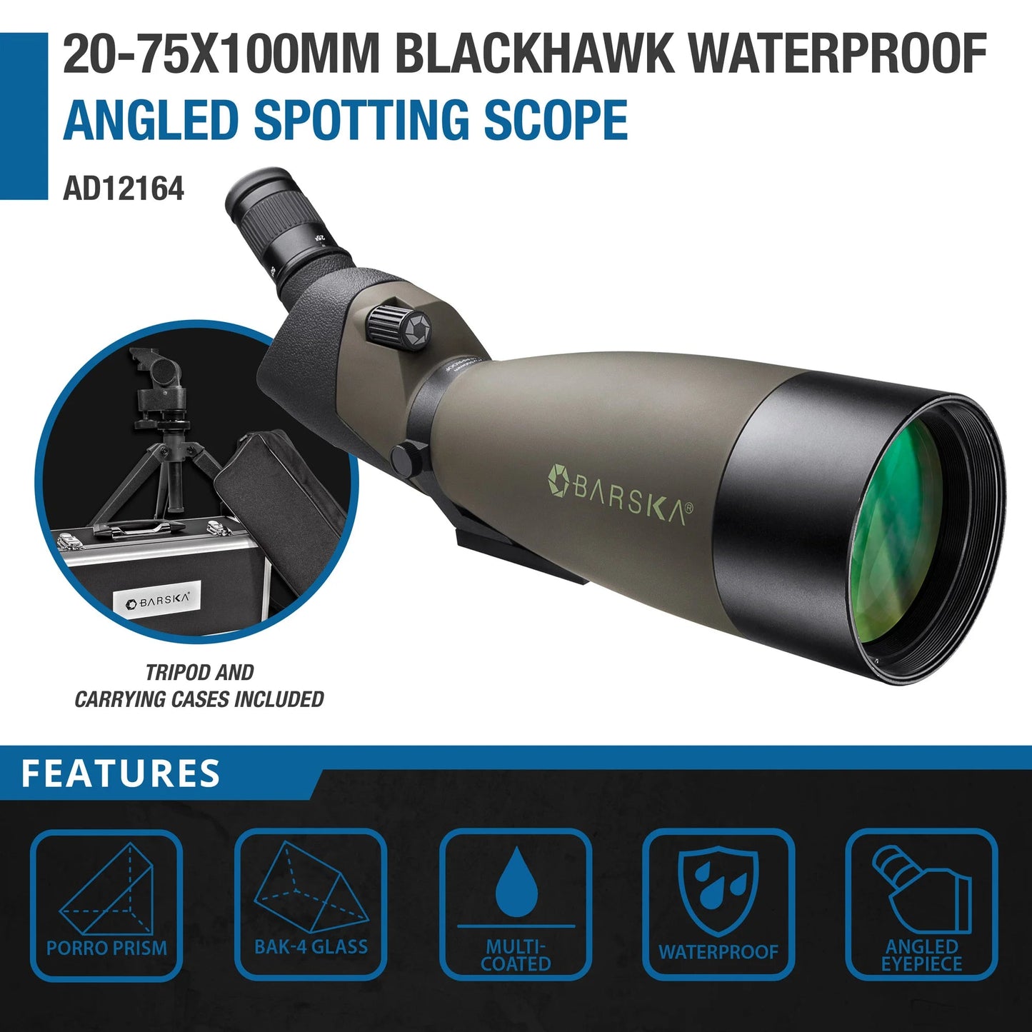 Barska Blackhawk 25-75x100 Angled Spotting Scope w/ Soft and Hard Spotting Scope with Case | AD12164