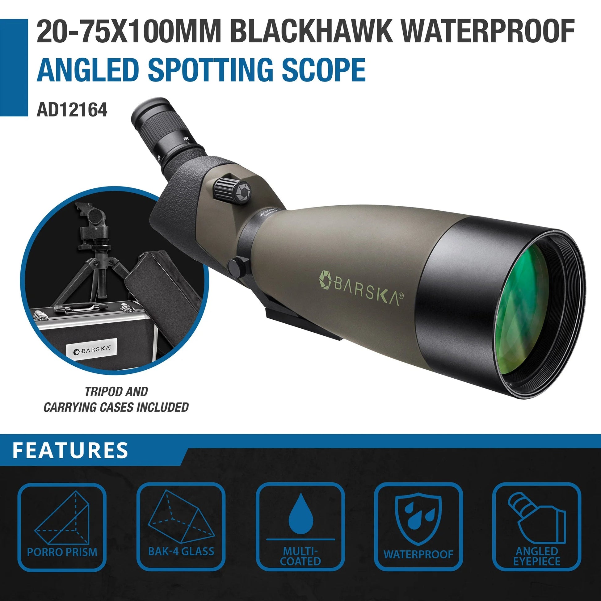Barska Blackhawk 25-75x100 Angled Spotting Scope w/ Soft and Hard Spotting Scope with Case | AD12164