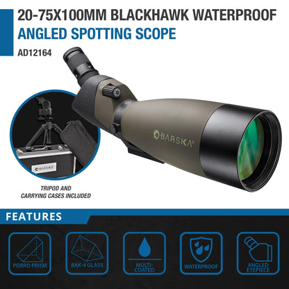 Barska Blackhawk 25-75x100 Angled Spotting Scope w/ Soft and Hard Spotting Scope with Case | AD12164