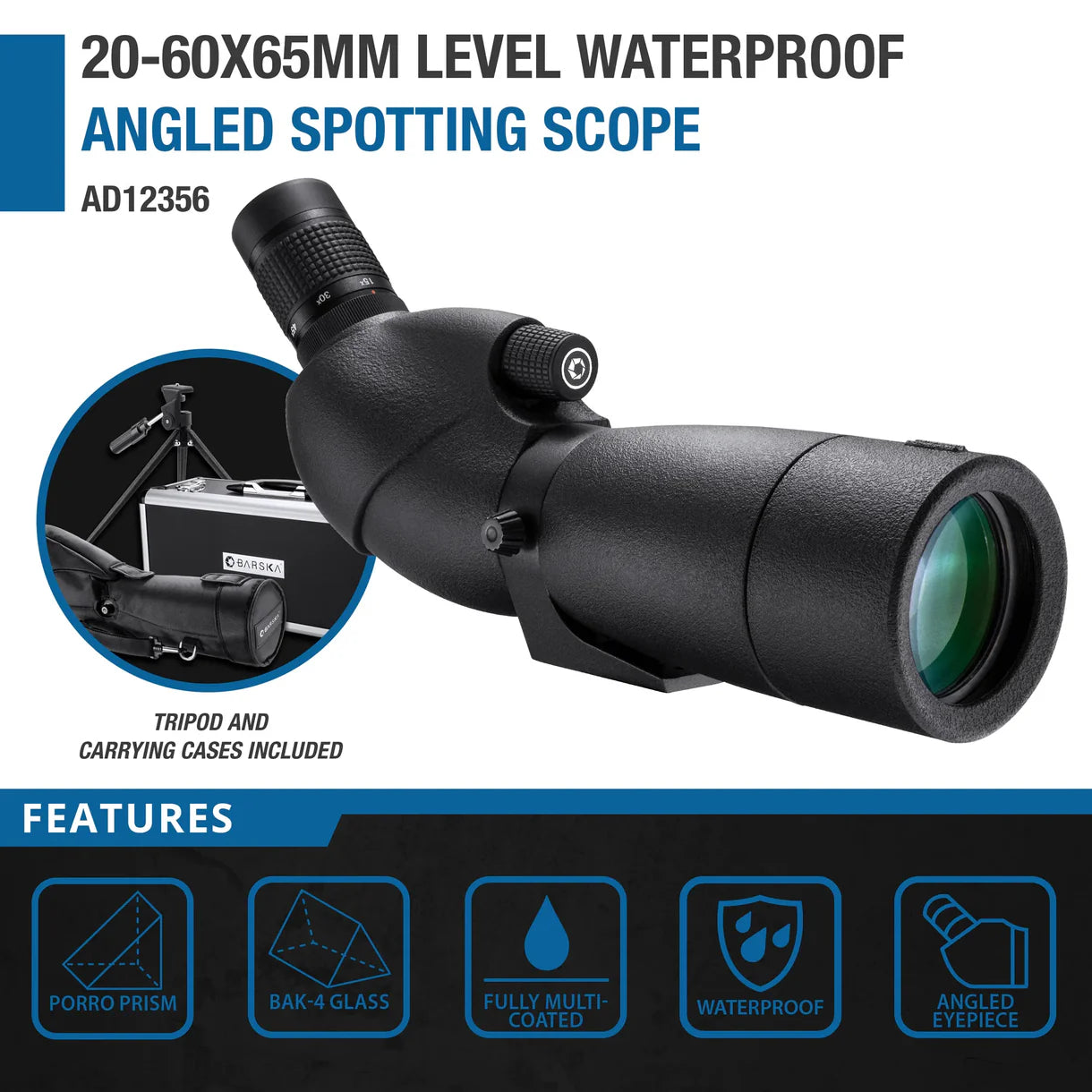 Barska  20-60x65mm Level Waterproof Angled Spotting Scope w/ Hard Case and tripod