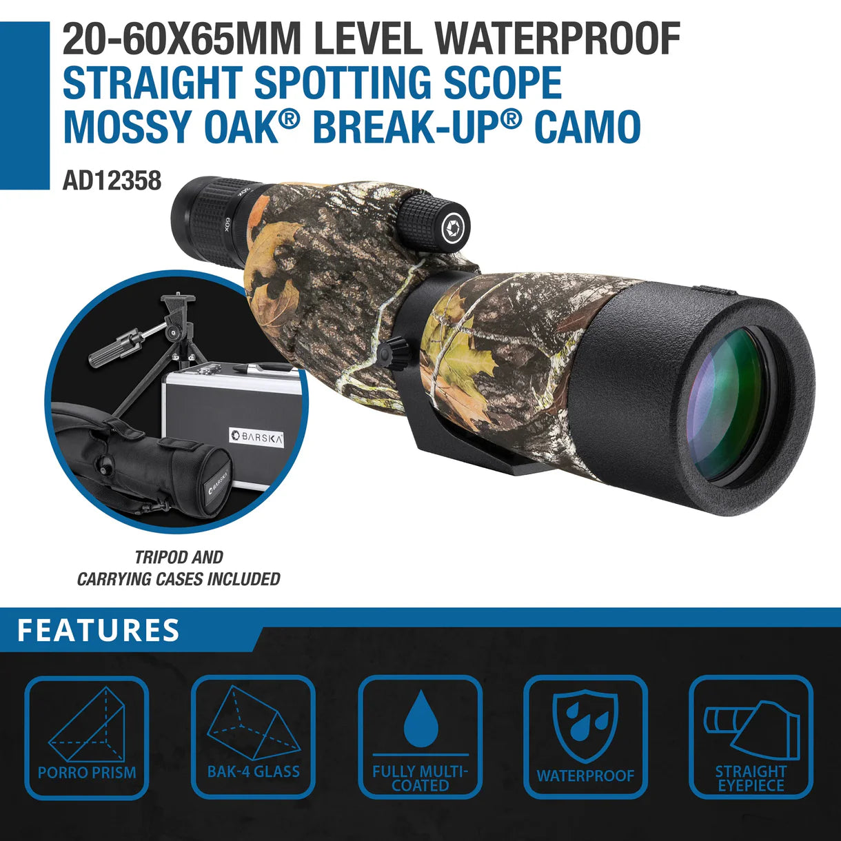 Barska  20-60x65mm Level Waterproof Straight Spotting Scope, Mossy Oak® Break-Up® Camo